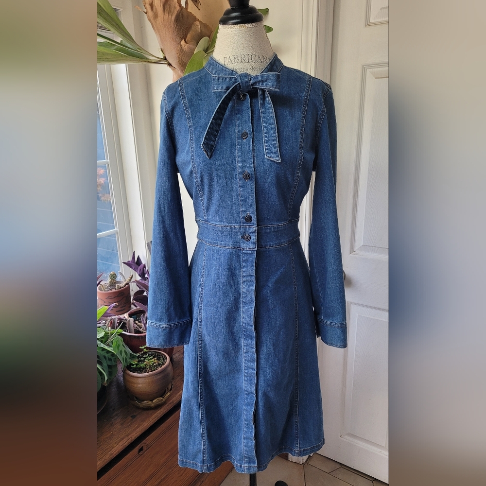 Madewell Denim Tie Neck Shirtdress Button Front Jean Dress Size 12 - Picture 3 of 13